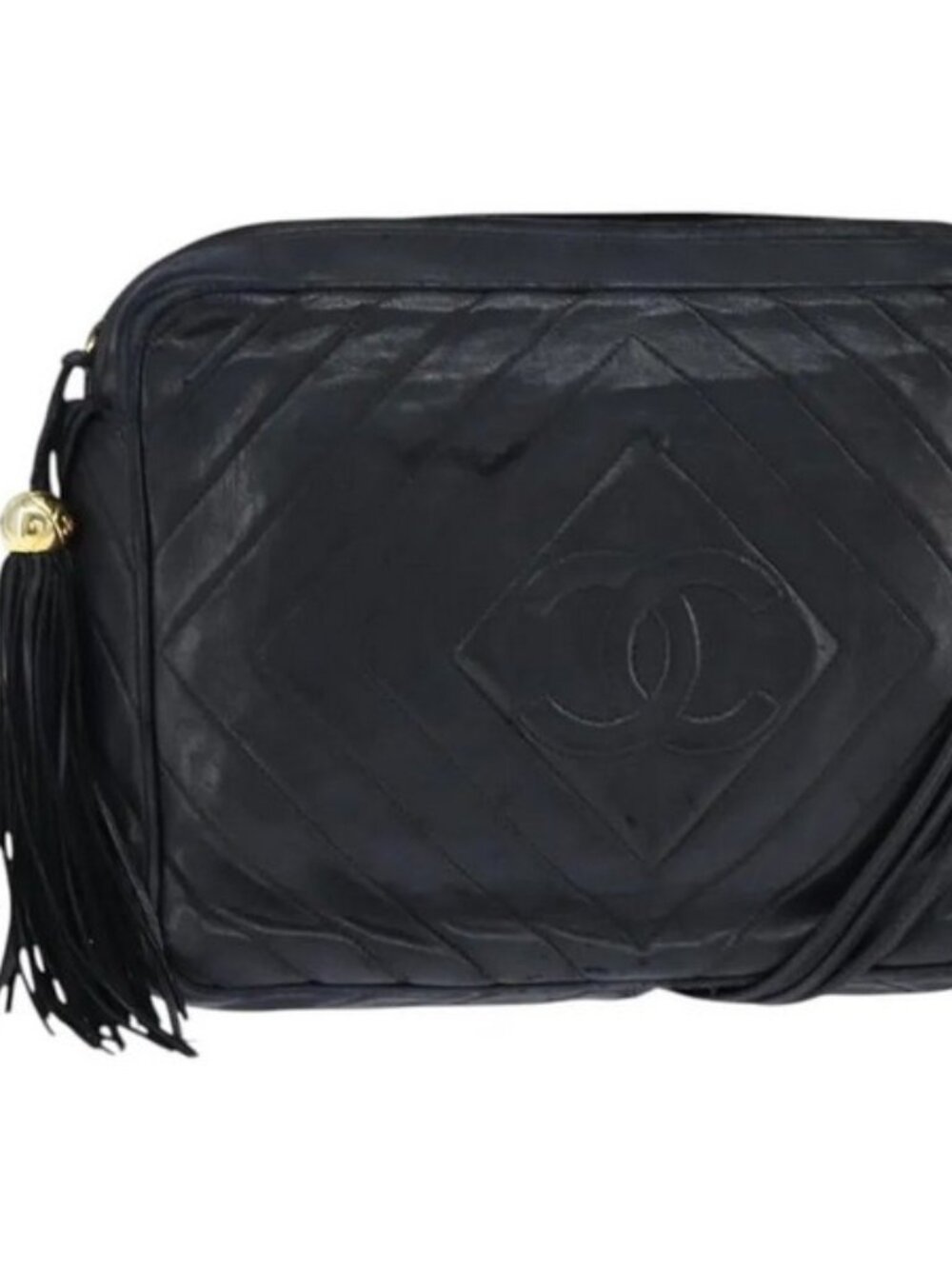 AUTHENTIC CHANEL LAMBSKIN LEATHER CC LOGO AND V STITCHED WITH FRINGE PURSE BAG